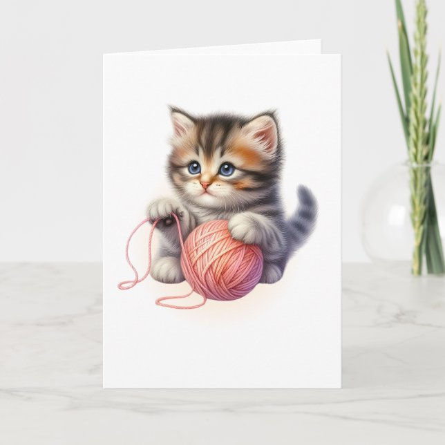Tarjeta Yarn rosado y gatitos brillantes saludo en blanco (Anverso)