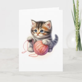 Tarjeta Yarn rosado y gatitos brillantes saludo en blanco