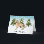 Tarjeta Yellow Golden Retriever Dog Winter Feliz Navidad<br><div class="desc">El personalizado original de Destei ilustracion de un lindo abrigo amarillo color perro de raza Golden Retriever. El perro es colocado en una escena invernal con tres abetos verdes y la caída de la nieve. El fondo es un degradado de azul a blanco que da al diseño ese aspecto frío...</div>