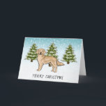 Tarjeta Yellow Golden Retriever Dog Winter Feliz Navidad<br><div class="desc">El personalizado original de Destei ilustracion de un lindo abrigo amarillo color perro de raza Golden Retriever. El perro es colocado en una escena invernal con tres abetos verdes y la caída de la nieve. El fondo es un degradado de azul a blanco que da al diseño ese aspecto frío...</div>