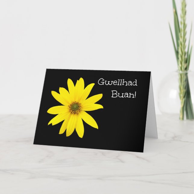 Tarjeta Yellow Sunflower Get Well Card: Saludo galés (Anverso)