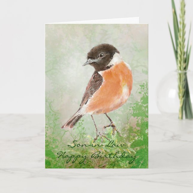 Tarjeta Yerno del feliz cumpleaños del pájaro de Stonechat (Anverso)