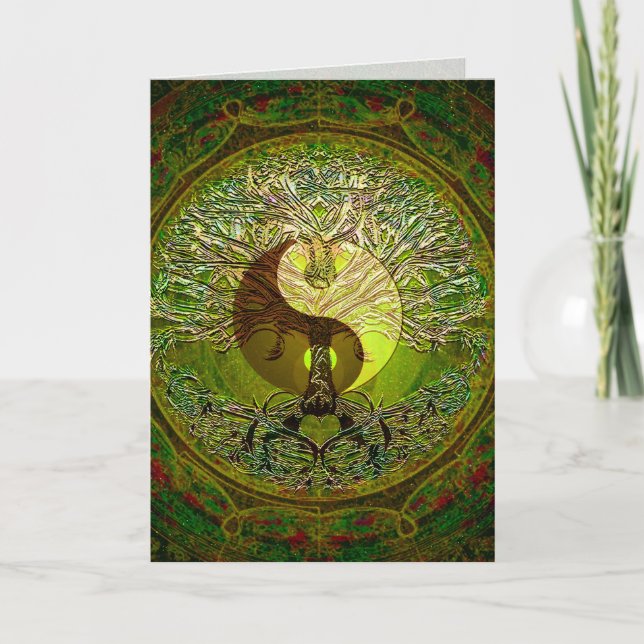 Tarjeta Yin Yang Mandala verde con un árbol de la vida (Anverso)