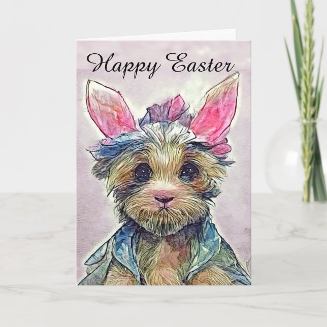 Tarjeta Yorkie feliz de Pascua con orejas de conejo (Anverso)