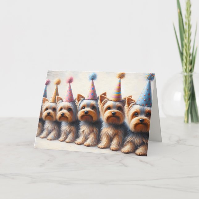 Tarjeta Yorkies De Cumpleaños Con Gorras Fiestas (Anverso)