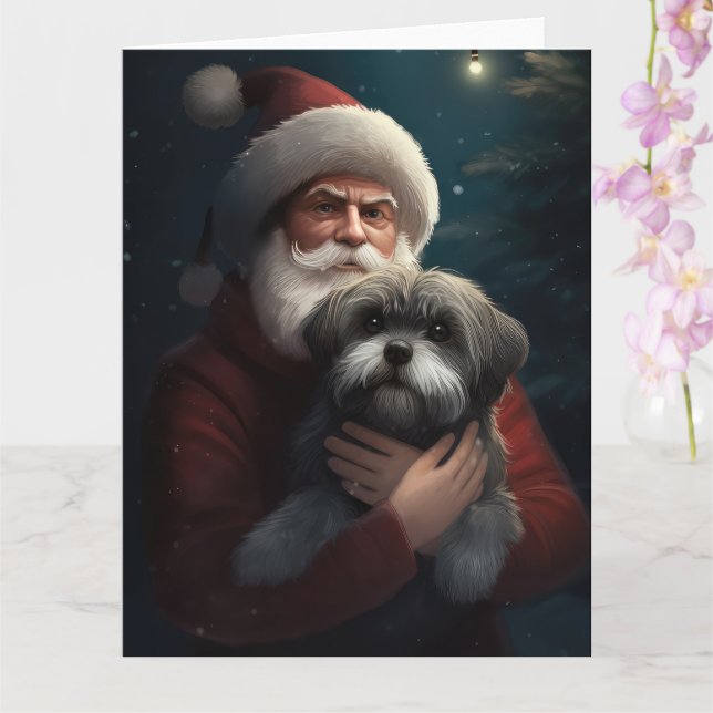 Tarjeta Yorkipoo con Navidades festivos de Santa Claus (Orquídea)