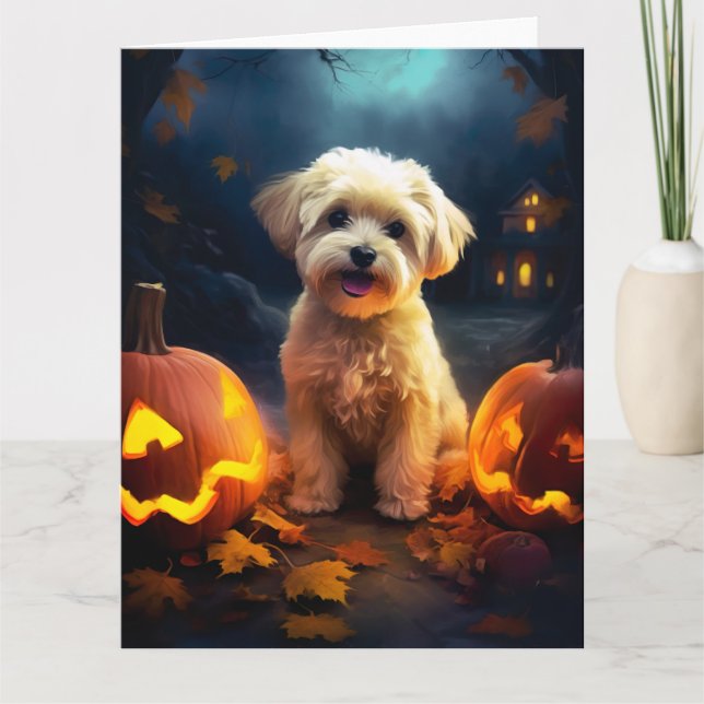 Tarjeta Yorkipoo de Halloween con calabazas temerosas (Anverso)