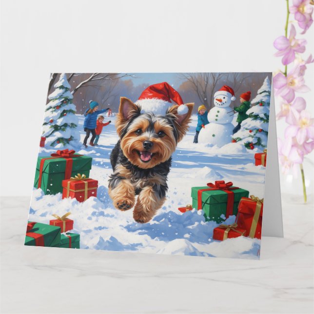 Tarjeta Yorkipoo en Nieve con Gorra Navidad (Orquídea)