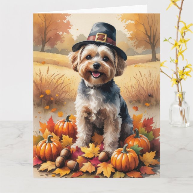Tarjeta Yorkipoo en otoño deja arte de Acción de Gracias (flor amarilla)