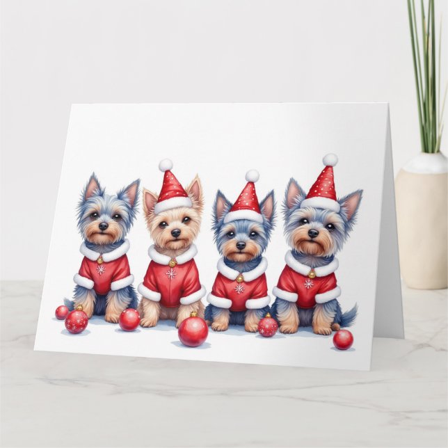 Tarjeta Yorkshire Terrier Christmas Dress Santa Hat (Anverso)