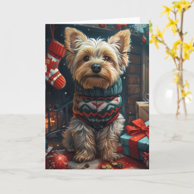 Tarjeta Yorkshire Terrier con regalos de Navidad chimenea (flor amarilla)