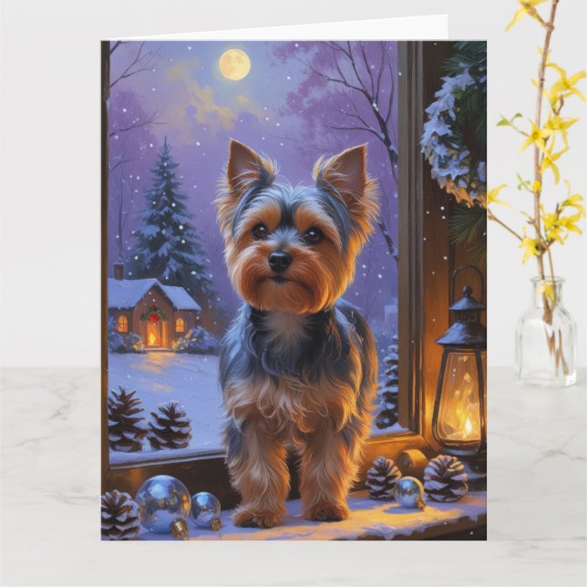 Tarjeta Yorkshire Terrier con vacaciones de Navidades alum (flor amarilla)