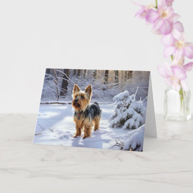 Tarjeta Yorkshire Terrier Deja que nieve Navidad (Orquídea)