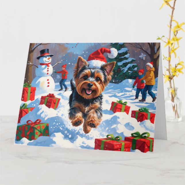 Tarjeta Yorkshire Terrier en Nieve con Gorra Navidad (flor amarilla)
