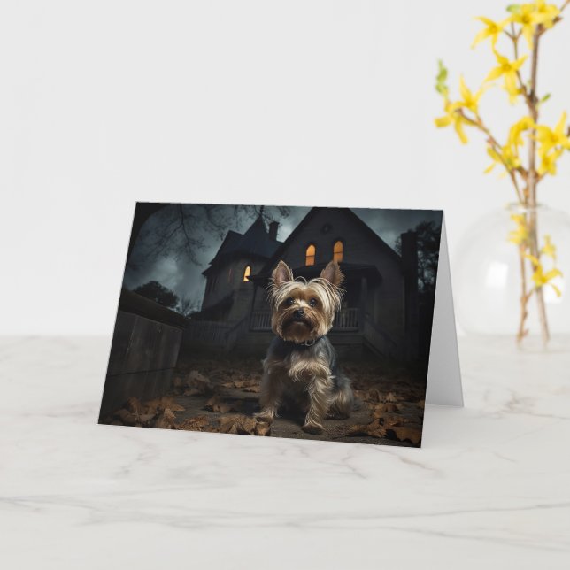 Tarjeta Yorkshire Terrier Halloween Terrorífico (flor amarilla)