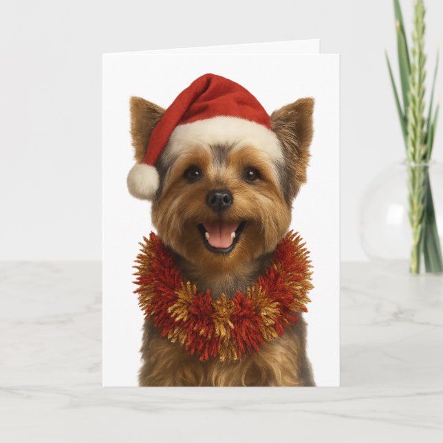 Tarjeta Yorkshire Terrier in a Santa hat Christmas card (Anverso)