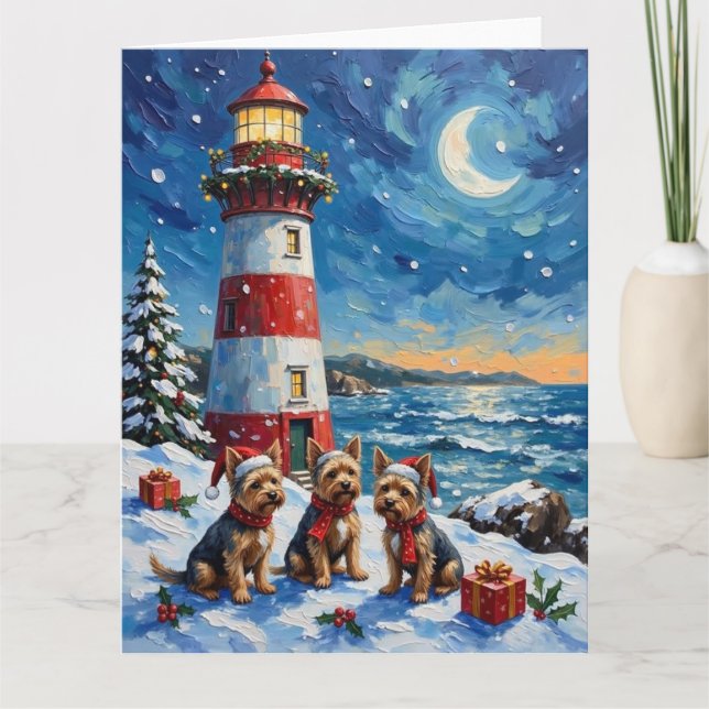 Tarjeta Yorkshire Terrier Navidad Faro Fiesta (Anverso)