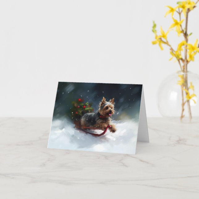 Tarjeta Yorkshire Terrier Navidad nieve invierno (flor amarilla)