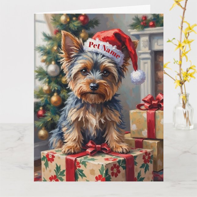 Tarjeta Yorkshire Terrier on Presents with Santa Hat (flor amarilla)