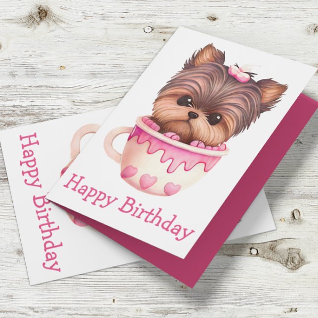 Tarjeta Yorkshire Terrier Puppy Pink Cute Yorkie Cumpleaño (Subido por el creador)
