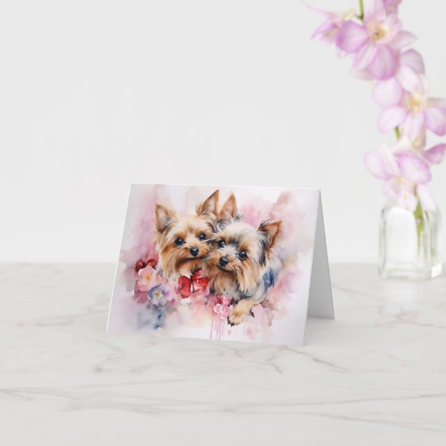 Tarjeta Yorkshire Terrier Watercolor Valentine's Pair (Orquídea)