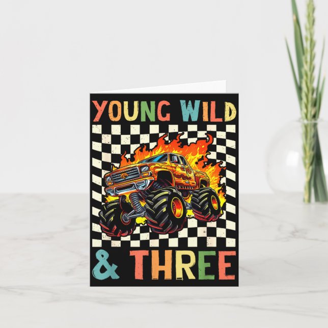 Tarjeta Young Wild And Three Monster Truck 3rd Birthday 3y (Anverso)