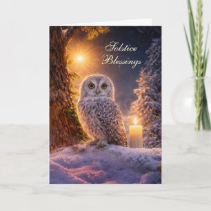 Tarjeta Yule del solsticio de invierno con búho, nieve y v