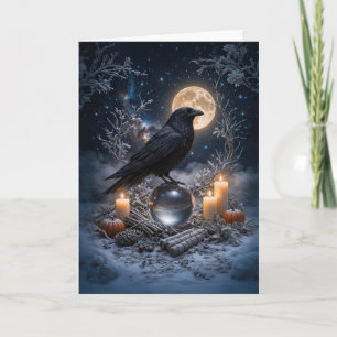 Tarjeta Yule del solsticio de invierno con cuervo nieve cr