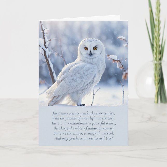Tarjeta Yule Solsticio de Invierno con Búho de Nieve y Esp (Anverso)