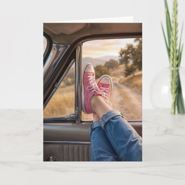 Tarjeta Zapatillas de cumpleaños P:ink en la ventana de un (Anverso)