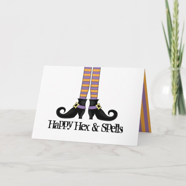 Tarjeta Zapatos de bruja con franjas moradas y Naranjas (Anverso)