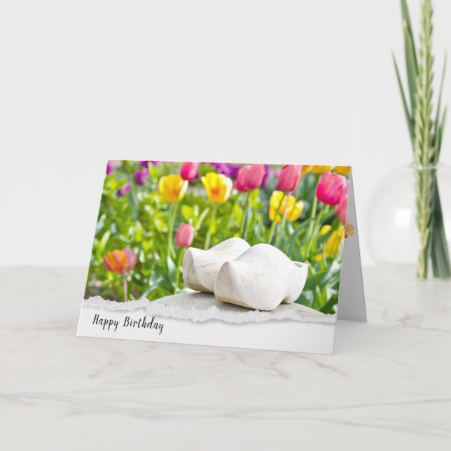Tarjeta Zapatos de madera holandeses en un jardín de tulip (Anverso)
