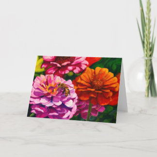 Tarjeta Zinnias con abeja obrera c