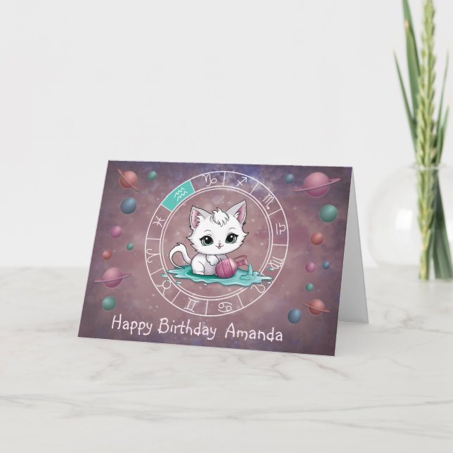 Tarjeta Zodiac Aquarius Cute Cat Wheel Planet Astrología (Anverso)