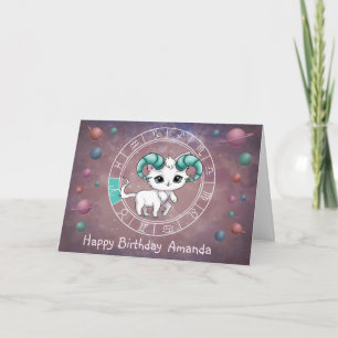 Tarjeta Zodiac Aries Cute Cat Wheel Planet Astrología