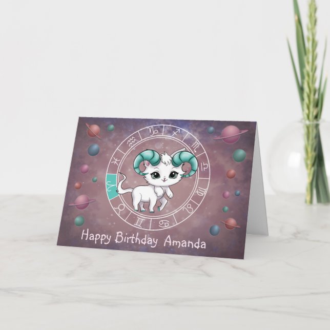 Tarjeta Zodiac Aries Cute Cat Wheel Planet Astrología (Anverso)