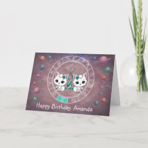 Tarjeta Zodiac Gemini Cute Cat Wheel Planet Astrología