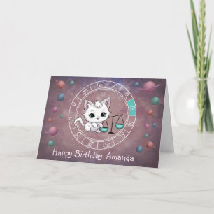 Tarjeta Zodiac Libra Cute Cat Wheel Planet Astrología