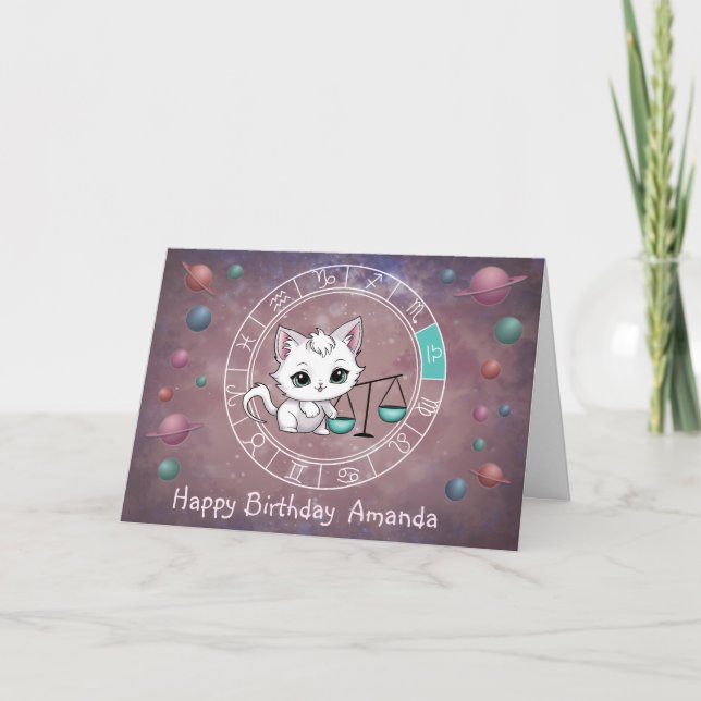 Tarjeta Zodiac Libra Cute Cat Wheel Planet Astrología (Anverso)