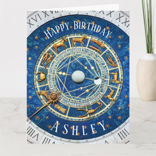 Tarjeta Zodiac Old World Birday Sun Rótulos Azul + Nombre (Anverso)