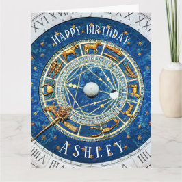 Tarjeta Zodiac Old World Birday Sun Rótulos Azul + Nombre