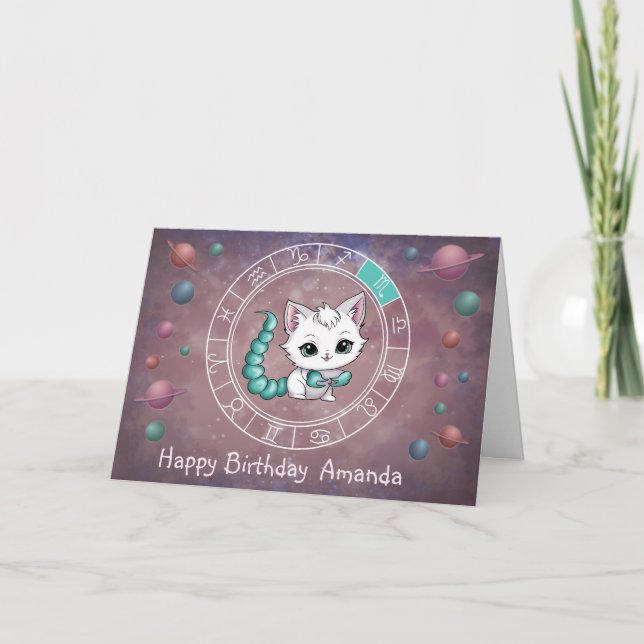 Tarjeta Zodiac Scorpio Cute Cat Wheel Planeta Astrología (Anverso)