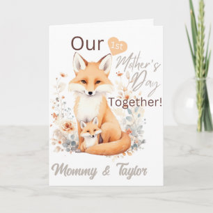Tarjeta Zorro de acuarela y gatito Primer día de la madre