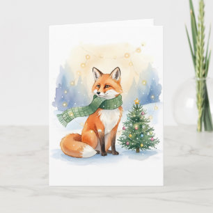 Tarjeta Zorro de Invierno con Bufanda Verde y Árbol de Nav