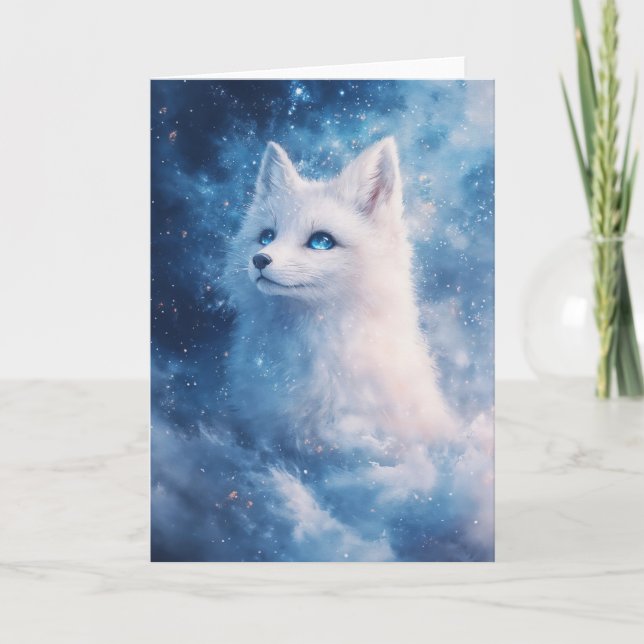 Tarjeta Zorro Místico Invernal con Ojos Estrellados (Anverso)