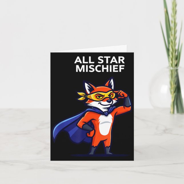 Tarjeta Zorro superhéroe de travesuras con capa de dibujos (Anverso)