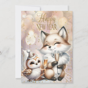 Tarjeta Zorro y Búho de Año Nuevo