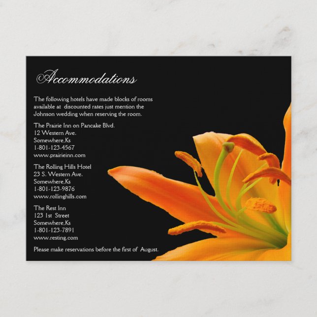 Tarjetas anaranjadas del alojamiento de la boda (Anverso)