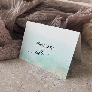 Tarjetas Aqua and Gold Watercolor Beach Escort Pla