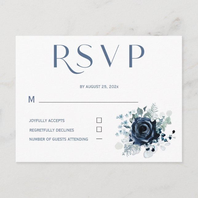 Tarjetas azules RSVP personalizadas para Boda (Anverso)